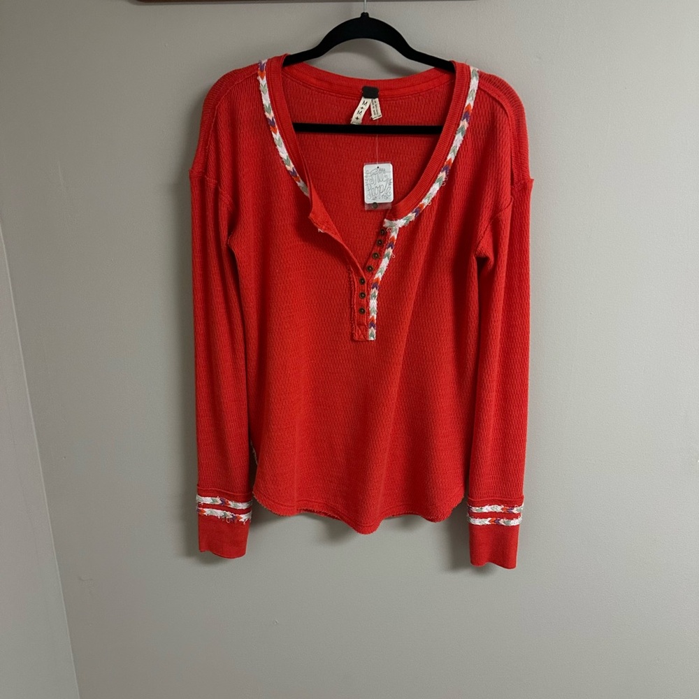 Anthropologie Free People Women's Red Long Sleeve Top Henley